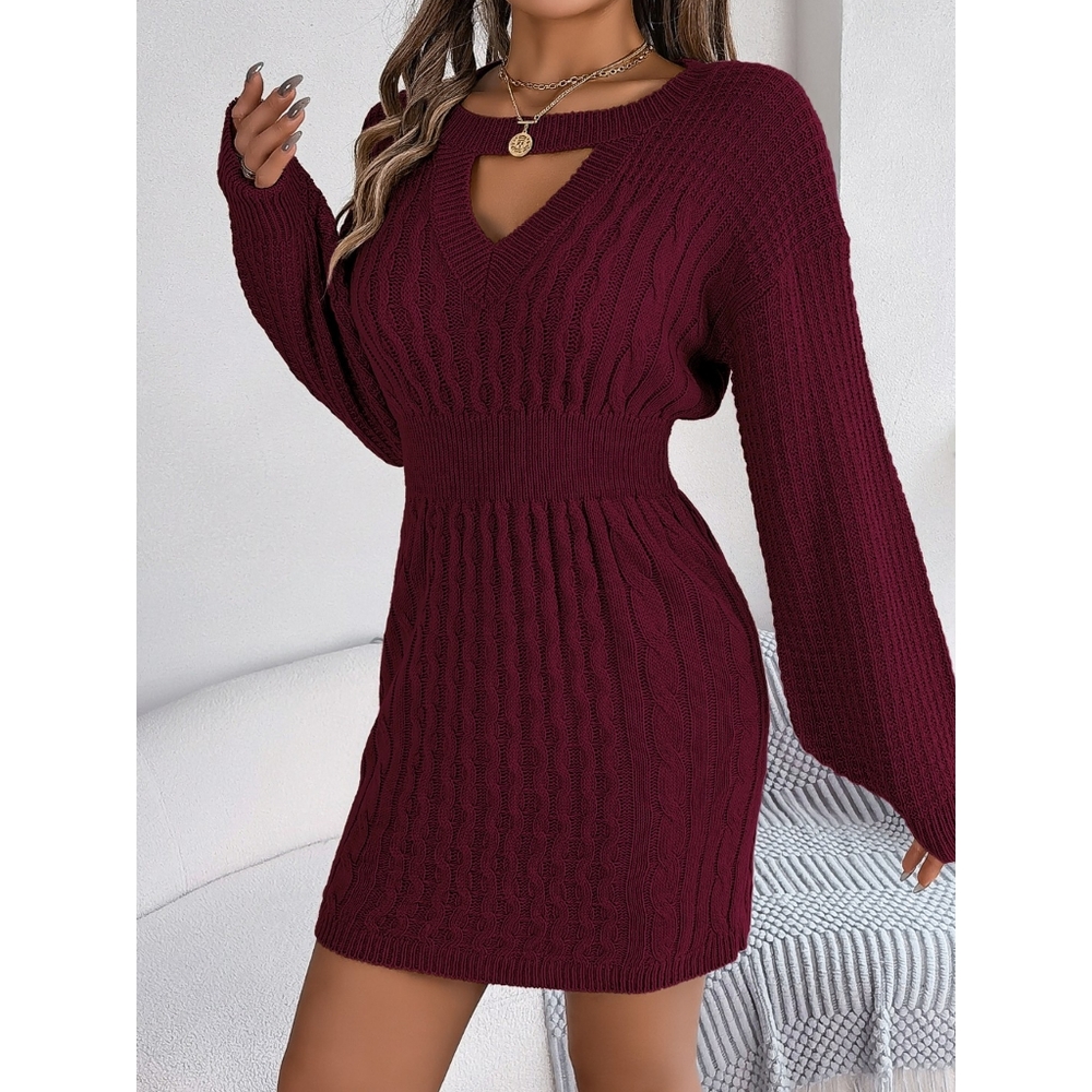 Wine Round Neck Sweater Dress